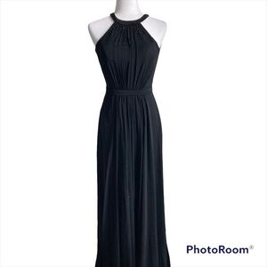 Long Black Halter Top Open Back Beaded Prom Formal Dress